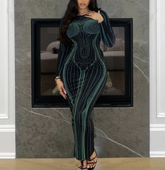 فستان نسائي جديد على الطراز الأوروبي والأمريكي مطبوع بدون ظهر وياقة دائرية وأكمام طويلة