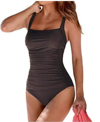 Explosive European and American sexy solid color pleated ladies one-piece swimsuit