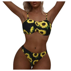 Women Sunflower Print Set Push Up Bathing Swimwear waist Two Pieces Swimsuit Set Beachwear Bathing Suit