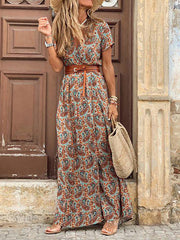 Fitted Boho Wrap Maxi Dress Holiday Beach High Slit Retro Sexy Women Dress Printed Tank Top