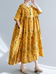 Thin and comfortable casual fat mm large size women's literary retro dress 2023 summer new national style round neck pullover short-sleeved dress