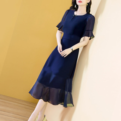 Elegant Stylish Chic Office Ladies Summer Party Dress O-Neck Short Sleeves Mesh Patch Midi Dress Tank Top