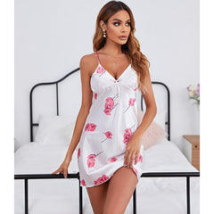 QSROCIO Summer Women's Pajamas Sleepwear Watercolor Print Sling Dress Sexy Satin Silk Like Nightwear Home Wear Nightdress
