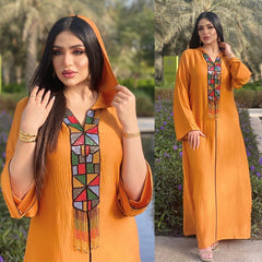 Ethnic Beaded Tassel Hooded Abaya Dress Fashion Muslim Women Clothing Moroccan Caftan Arabic Robe Orange