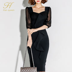 H Han Queen Elegant Ruffles Slim Pencil Dress Women Autumn Black Office Wear Dresses Simple Party Work Sheath Bodycon Vestidos