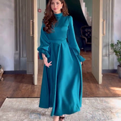 Women's Elegant Lotus Leaf Long Sleeve Stand Collar High Waist Dress