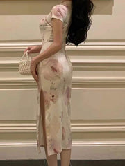 Women's 2023 Summer New Elegant Cheongsam Midi Dress Chinese Style Fashion Ladies Robe 4y20