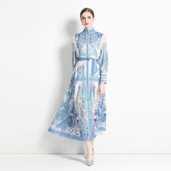Spring Summer Floral Printed Long Sleeve Stand Collar Chiffon Dress Women Elegant A-line Long Dresses With Belt