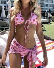 202ins AliExpress three-piece mesh fresh girl drawstring strap swimsuit bikini