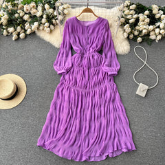 New pleated solid color dress female waist slim chiffon A-word  loose elegant knee-length dress