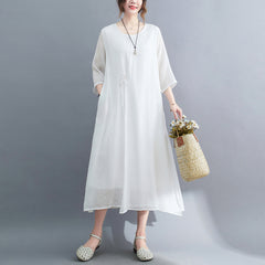 Women's literary retro elegant cotton linen cool round neck three-quarter sleeve Zen robe dress female