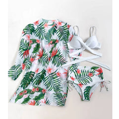 Three-piece mesh high-waist printing sexy gathered split swimsuit bikini