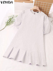 فوندا فساتين أنيقة للنساء 2022 الصلبة س الرقبة قصيرة الأكمام نفخة تقسم الكشكشة ألف خط فيستدوس البوهيمي حزب عارضة زائد حجم فساتين قصيرة