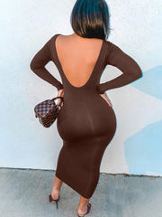 Spring Sexy Backless Midi Dress Bodycon Elegant Nightclub Party Birthday Brown Long Sleeve Dress for Women