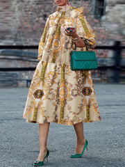 VONDA Bohemian Printed Summer Dress Women Stand Collar Lace Up Lantern Sleeve Vintage Sundress Elegant Pleated Midi Robe