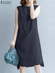 ZANZEA Summer Sleeveless Casual Knee-length Dress Fashion Women Solid Work Vestido Elegant Drawstring Waist Party Sundress Robe