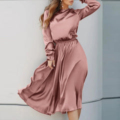 ZANZEA ladies European and American style party style satin gloss elegant knee-length skirt temperament solid color round neck bubble long sleeve waist slimming mid-length skirt fashion trend loose spring and autumn daily leisure holiday dress large size