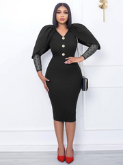 Women Black Dress Bodycon Slim Elegant V Neck Patchwork Mesh Sleeves High Waist Office Ladies Classy Female Gowns Vintage Robes