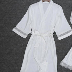 Women Kimono Bathrobe WHITE Bride Bridesmaid Wedding Robe Set Ladies Lace Trim Sleepwear Casual Home Clothes Nightwear