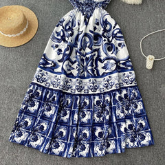 Ethnic style, elegant print, slim waist, beautiful A-line long skirt, suspender dress