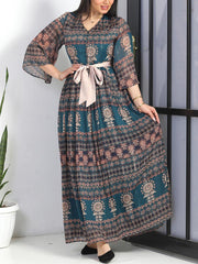 Vintage Print Tie Chiffon Dress