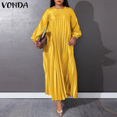 Elegant Dresses For Women VONDA 2022 Solid Long Sleeve Pleating Puff Sleeve A-Line Length Dresses Bohemian Party Vestidos Summer Plus Size Dresses