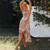 Amazon spring and summer new women's retro print Boho V-neck short-sleeved stitching irregular dress