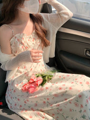 Sweet floral strap dress women casual boho beach style 2 piece dress set party office lady korean clothing 2022 Summer