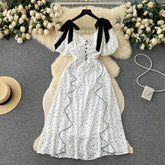 Summer new design sense fashion square collar puff sleeves pleats waist ruffled skirt wave point dress