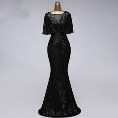 Ladies V-Neck Long Slim Fit Fishtail Sequin Party Evening Dress.