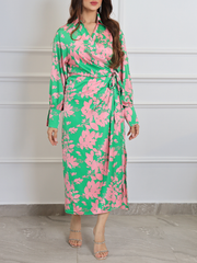 Printed color contrast sweet waist dress