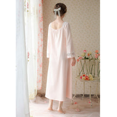 Sweet Lace Square Neck Night Dress Women Spring Autumn Vintage Chinese Flare Sleeve Nightwear Long Nightgown Sleepwear