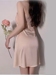 Sexy Women's Lingerie Deep V Lace Sling Nightdress Solid Color Large Size Pajamas