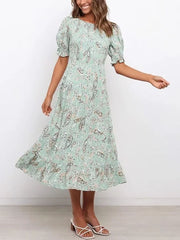 Women Boho Style Floral Printed Midi Dress Casual O Neck Butterfly Short Sleeve Dress Lady Fashion Elegant A Line Dress