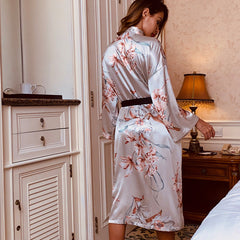 Spring and summer women's silk cardigan mid-length nightgown sexy lace-up bathrobe pajamas printed long-sleeved home service