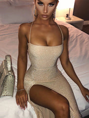 Long Backless Maxi Dress Women Spaghetti Strap High Split Bodycon Bandage Summer Dress Elegant Slim Party Dress Vestidos