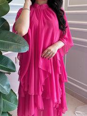 Rose red chiffon elegant layered draped dress