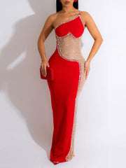 ساطع الحفر الساخن الديكور مثير كتف واحد بلا أكمام الخصر النحيف شبكة انظر من خلال الورك فستان طويل فستان الموضة الأوروبية والأمريكية مزاجه أنيق