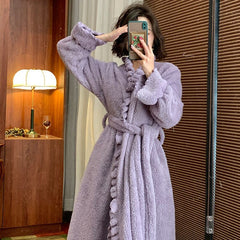New autumn and winter flannel pajamas women's mid-length fashion coral fleece retro pajamas home service