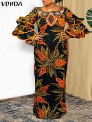 فوندا فساتين نسائية بوهو كلاسيكية مطبوعة بنمط عشوائي فساتين طويلة طويلة مكشكشة غير رسمية فضفاضة ورقبة دائرية وأكمام طويلة مرقعة