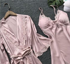 المتفجرة خمس قطع الصيف والخريف المرأة مثير محاكاة الحرير قسم رقيقة مع وسادة الصدر الحمالات باس النوم السيدات ثوب النوم ملابس المنزل