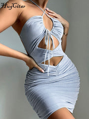 Hugcitar تألق الرسن قبالة الكتف بلا أكمام الجوف خارج الرباط مثير فستان قصير 2021 خريف Bodycon مساء حفلة أنيقة Y2K