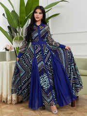 Blue Elegant Paneled Belted Chiffon Dress