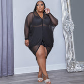European and American plus size women's clothing V-neck button sexy mesh skirt see-through outer dress