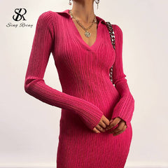 SINGREINY Women Korean Knitted Dress Long Sleeve V Neck Elastic Slim Pencil Dresses 2021 Autumn Sexy Bodycon Split Sweater Dress