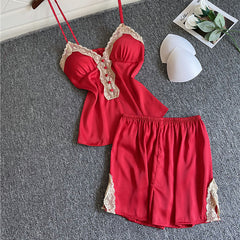 Pajamas Woman sleepwear Summer Satin Nightwear Two Piece set Suit casual Camisole and shorts set Nightgown Soft Home Clothing Lace Patchwork Homewear
