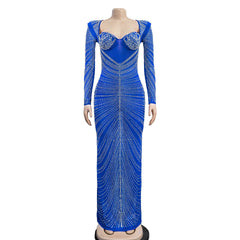 European and American fashion women's hot diamond mesh see-through long-sleeved dress