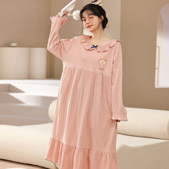 Nightdress women's spring and autumn cotton round neck long-sleeved long section over the knee large size 200 catties fat sister pajamas ca