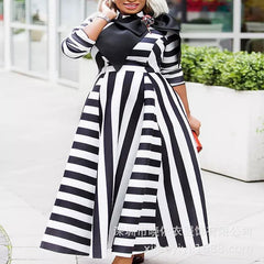 Striped wrap chest temperament commuter bow long skirt black high waist dress