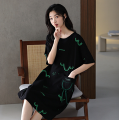 Summer cotton nightdress women's short-sleeved pullover mid-length women's cotton home service thin section large size dress